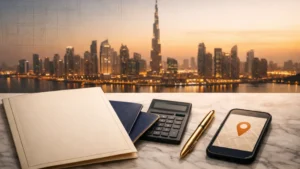 Flat lay of property buying essentials — passport, calculator, title deed folder, and smartphone with map icon — set against the golden hour skyline of Dubai Marina and Downtown, illustrating the process of buying property in Dubai.