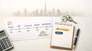 Visual representation of a Dubai Payment Plan showing phased property payment stages including Booking, SPA, Construction, Handover, and Post-Handover, with percentages, calculator, keys, and budget notebook in a modern real estate setting.