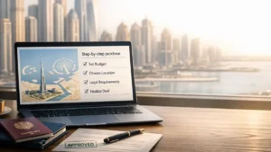 Modern investor’s workspace with a laptop showing a step-by-step checklist for buying investment property in Dubai, a UK passport, and documents stamped 'Approved', with the Dubai Marina skyline visible through the window.