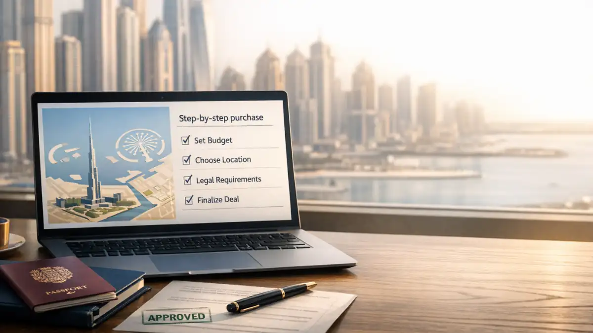 Modern investor’s workspace with a laptop showing a step-by-step checklist for buying investment property in Dubai, a UK passport, and documents stamped 'Approved', with the Dubai Marina skyline visible through the window.