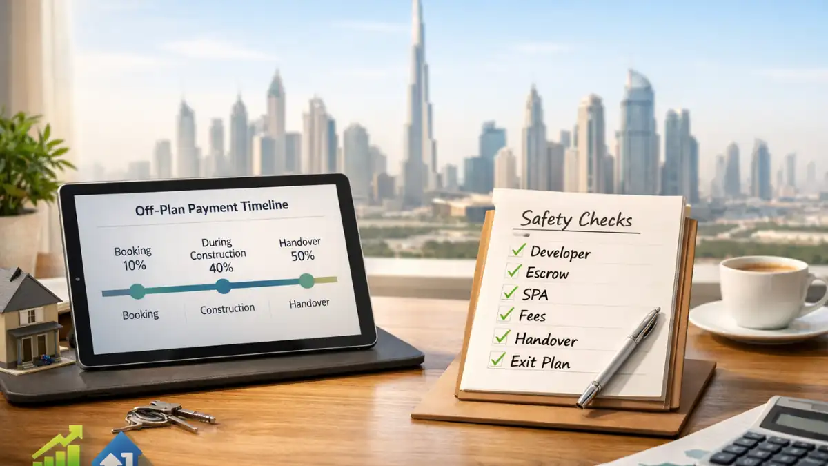 Modern workspace setup with tablet displaying an off-plan payment timeline and a checklist labeled 'Safety Checks' in front of the Dubai skyline, representing Affordable Off Plan Projects in Dubai.