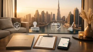 Modern Dubai apartment interior at sunset with a Burj Khalifa view, featuring short-term rental tools like a permit document, checklist, and calendar — perfect visual for Airbnb Dubai Property Investment content.