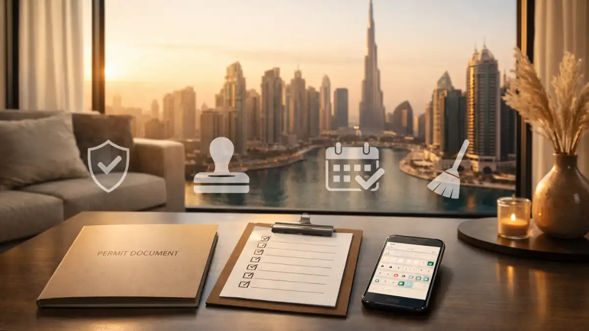 Modern Dubai apartment interior at sunset with a Burj Khalifa view, featuring short-term rental tools like a permit document, checklist, and calendar — perfect visual for Airbnb Dubai Property Investment content.