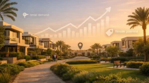 Photorealistic view of one of the best Dubai villa communities at golden hour, showcasing modern gated villas, lush landscaping, palm trees, and a peaceful walking path, with subtle visual cues for high rental demand and resale potential.