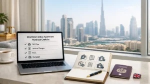 Modern workspace setup with a laptop displaying a Downtown Dubai apartment purchase checklist, overlooking a daytime skyline view of Burj Khalifa — ideal visual for UK investors planning to buy apartment in Dubai Downtown.