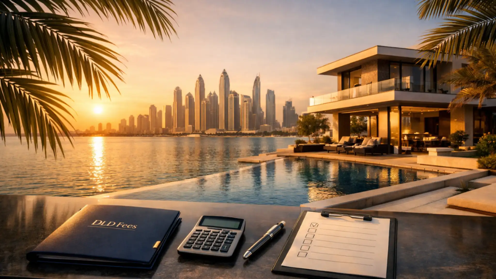 Modern luxury villa with private pool on Dubai’s Palm Jumeirah waterfront at sunset, overlooking the Dubai Marina skyline — perfect visual for articles about how to buy house in Dubai Palm Island.