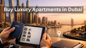 International investor holding a passport and tablet with property checklist, overlooking Dubai Marina skyline at sunset — a premium visual guide to buy luxury apartments in Dubai.