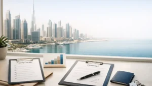 Modern office desk setup overlooking the Dubai Marina skyline, featuring a property purchase checklist, sales contract, and payment plan chart — representing a step-by-step guide to buy off plan property in Dubai for foreign investors.