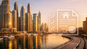 Buy property in Dubai Marina with confidence – golden hour view of the Dubai Marina waterfront skyline, luxury yachts, and modern high-rises, featuring a soft checklist and property document overlay representing ownership and due diligence
