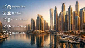 Photorealistic view of Dubai Marina skyline at golden hour with luxury waterfront towers, yachts, and an infographic checklist overlay explaining costs like price, DLD fees, service charges, and hidden costs — visual guide for buying apartment in Dubai Marina.