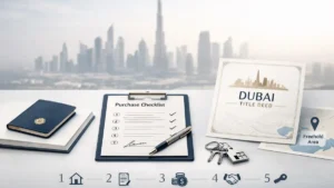 Buying Real Estate in Dubai made visual—featuring a clean, modern workspace with a passport, property checklist, keys, and a Dubai title deed against a soft-focus Burj Khalifa skyline, symbolizing the step-by- step property purchase process for foreign investors.