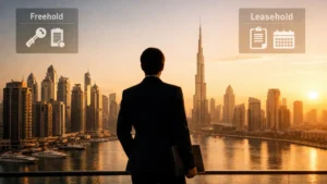 Silhouette of an international investor overlooking the Dubai Marina and Downtown skyline at sunset, with icons labeled “Freehold” and “Leasehold”, visually explaining the concept behind the question: Can Anyone Buy Property in Dubai?
