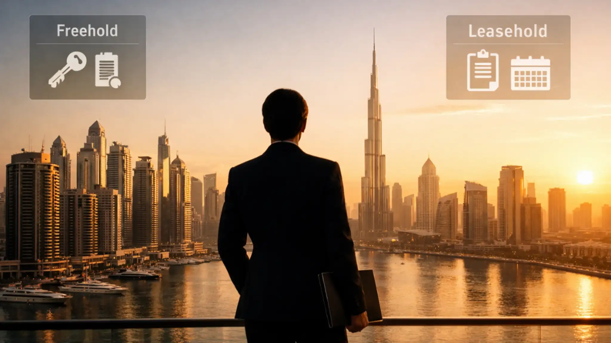 Silhouette of an international investor overlooking the Dubai Marina and Downtown skyline at sunset, with icons labeled “Freehold” and “Leasehold”, visually explaining the concept behind the question: Can Anyone Buy Property in Dubai?
