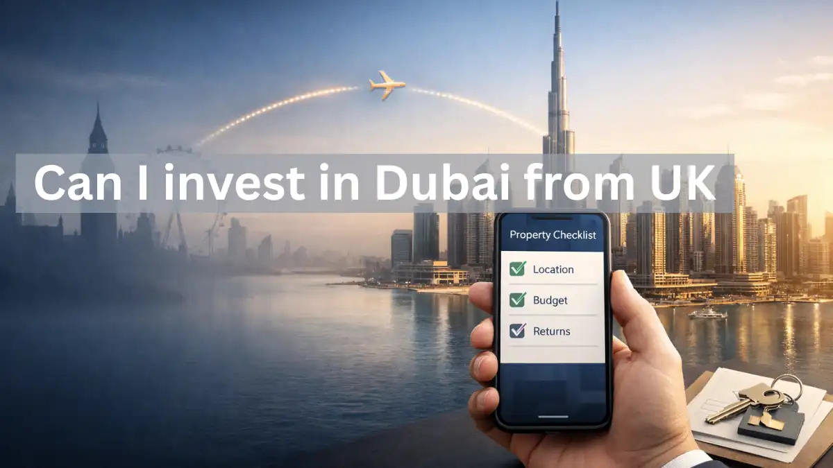 Professional banner image illustrating cross-border property investment with a split skyline of London and Dubai, a smartphone showing a property checklist, and a headline reading ‘Can I invest in Dubai from UK’ — ideal visual for guides on international real estate investing.