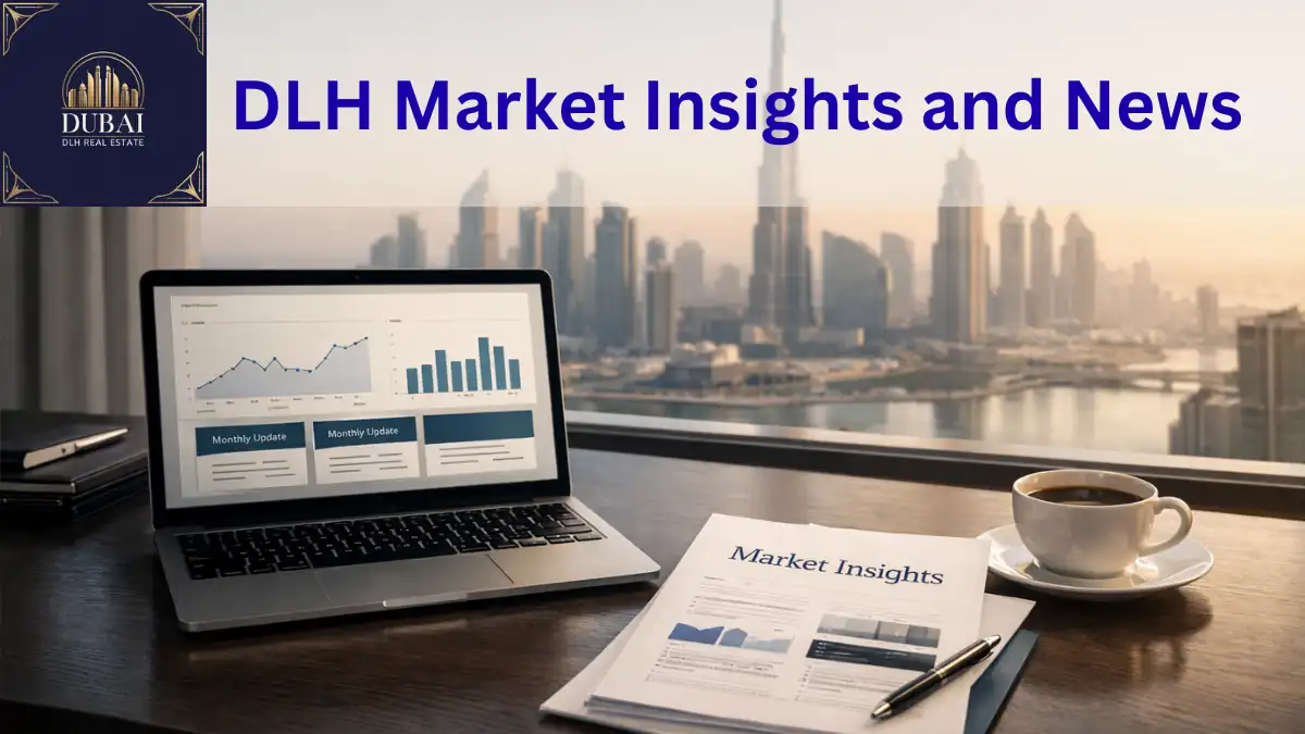 DLH Market Insights and News featured image showing a modern investor workspace with a laptop displaying real estate market charts, a printed market report, and a coffee cup, overlooking the Dubai skyline with Burj Khalifa in view.