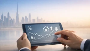 Investor analyzing Dubai finance market trends on a tablet with modern charts and Dubai skyline in the background, showcasing interest rates and real estate price fluctuations.
