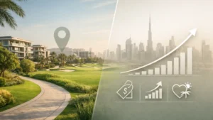 Photorealistic hero image of Dubai Hills Estate featuring a lush park pathway, modern low-rise residences, and a distant Dubai skyline, blended with financial icons and ROI graph overlay—visually highlighting investment potential, lifestyle, and pricing insights.