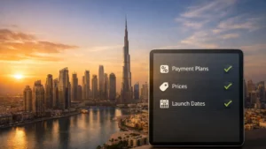 Golden hour view of Dubai Marina skyline with a digital checklist tablet overlay highlighting payment plans, prices, and launch dates — featured image for Dubai Properties Latest Projects guide.
