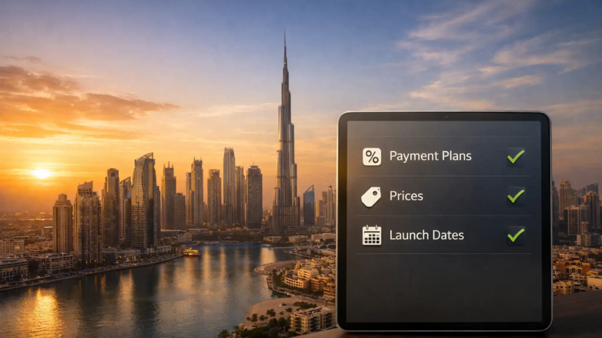 Golden hour view of Dubai Marina skyline with a digital checklist tablet overlay highlighting payment plans, prices, and launch dates — featured image for Dubai Properties Latest Projects guide.