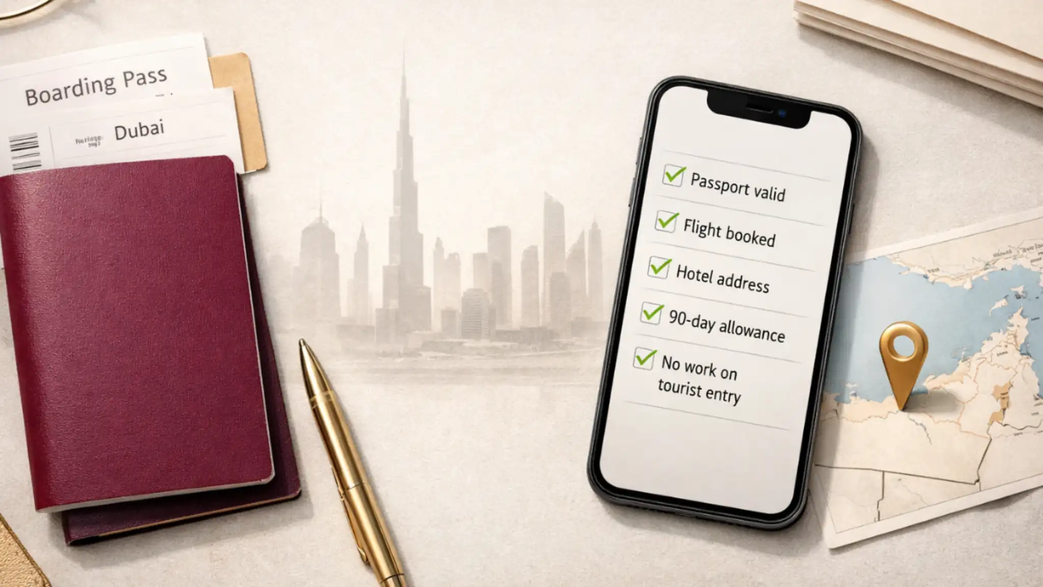 Flat lay image showing a British passport, Dubai boarding pass, travel checklist on a smartphone, and a map with Dubai pin — symbolizing essential steps for obtaining a Dubai Visa for British Citizens.