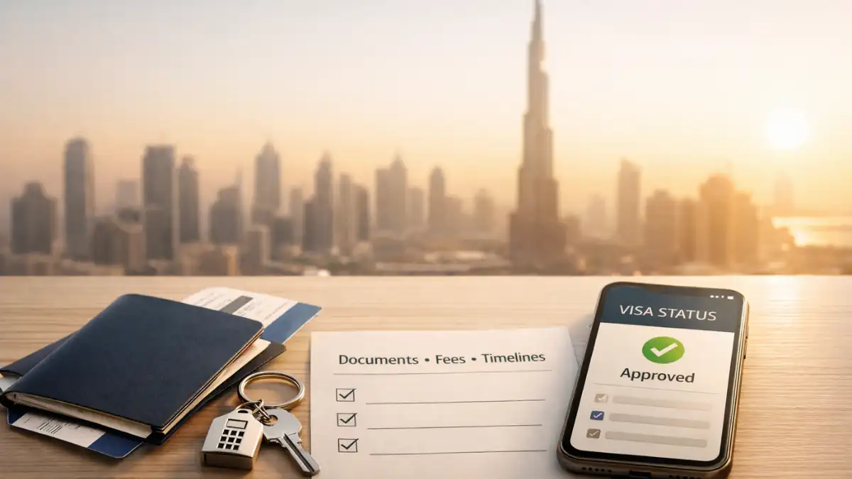 A minimal editorial workspace with a passport, boarding pass, checklist, and smartphone showing an approved Dubai Visa status, set against a sunrise view of the Dubai skyline with the Burj Khalifa.