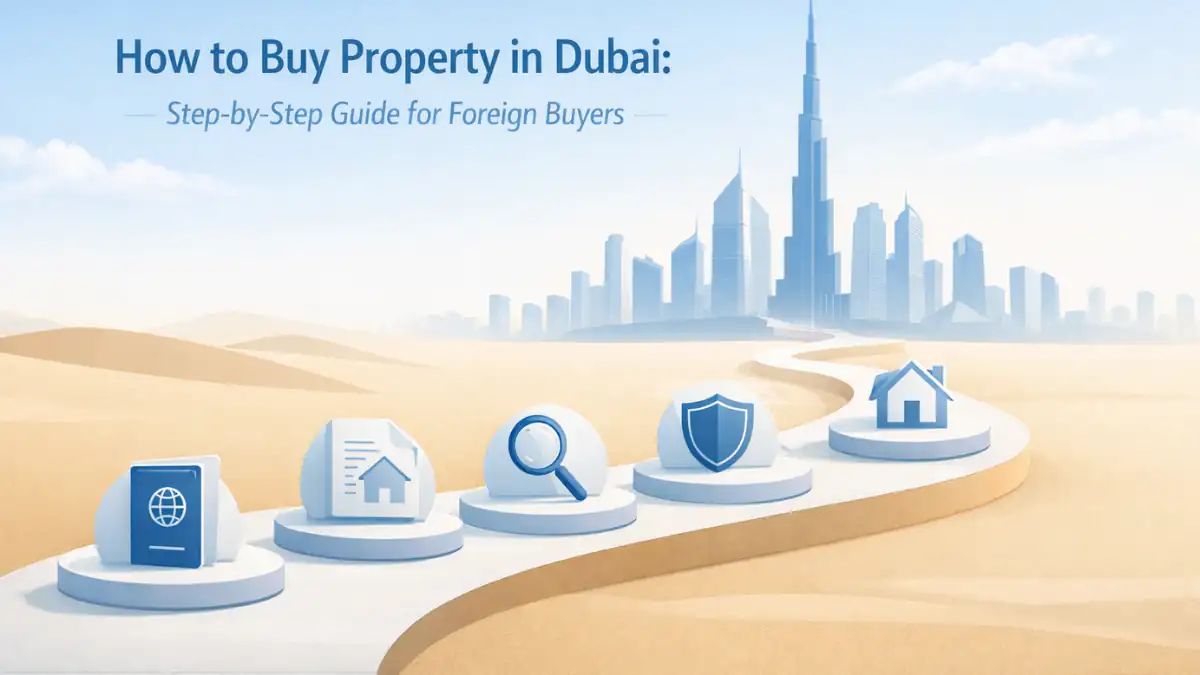 Illustration showing a step-by-step guide on how to buy property in Dubai, featuring a pathway with icons for passport, documents, due diligence, safety, and home, leading to a modern Dubai skyline with the Burj Khalifa in the background.