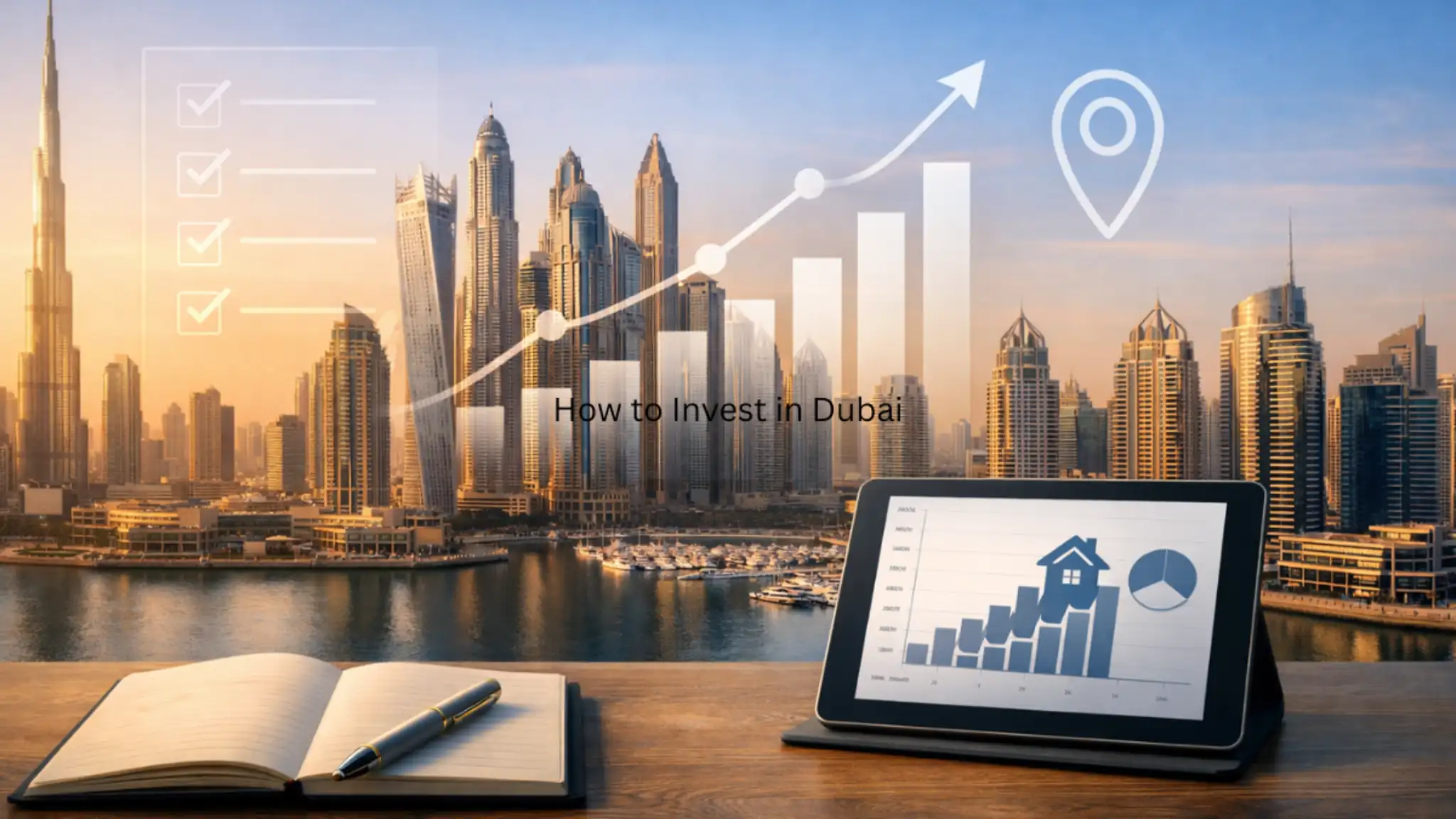 A premium editorial-style image of the Dubai Marina skyline at golden hour, featuring iconic skyscrapers and investment-themed overlays including a checklist, upward graph, and location pin. In the foreground, a notebook, pen, and tablet showing a property investment chart illustrate strategic planning, ideal for guides on how to invest in Dubai.