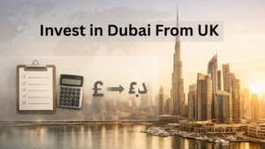 Modern Dubai skyline at golden hour with financial planning visuals, including a checklist, calculator, and currency exchange icons, designed to support guides on how to invest in Dubai from UK.