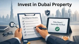 Invest in Dubai Property concept showing a due diligence checklist and verified title deed, set against a modern Dubai skyline background – emphasizing secure real estate investment.