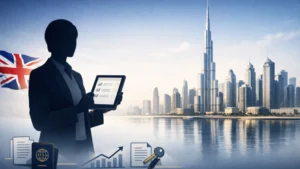 Illustration of a UK investor holding a checklist tablet, standing beside the Union Jack, with Dubai's skyline including the Burj Khalifa in the background, symbolizing the process to invest in Dubai property from UK, with subtle financial and real estate icons for clarity.