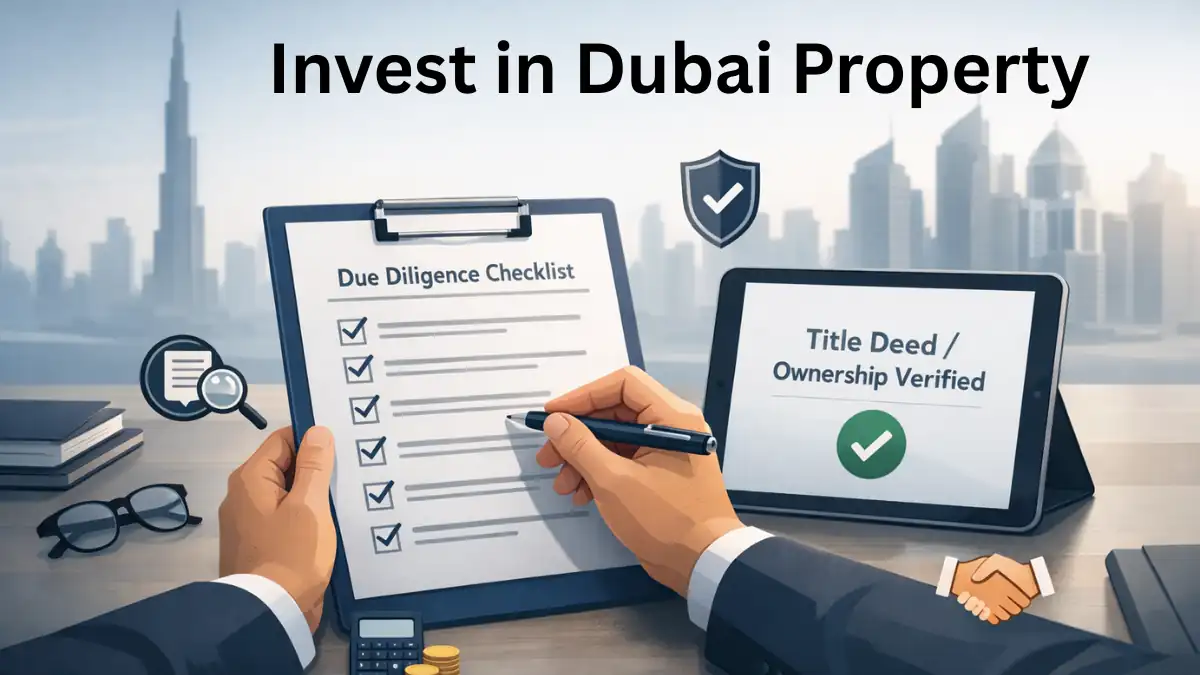 Invest in Dubai Property concept showing a due diligence checklist and verified title deed, set against a modern Dubai skyline background – emphasizing secure real estate investment.