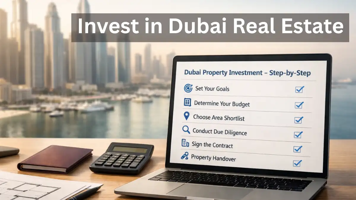 Modern workspace setup with a checklist on a laptop titled “Dubai Property Investment – Step-by-Step,” overlooking the Dubai Marina skyline, representing a professional guide to invest in Dubai real estate.