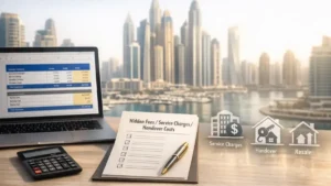 Modern desk setup overlooking the Dubai Marina skyline, featuring a laptop with a budget spreadsheet, a checklist on hidden fees and service charges, and real estate icons — ideal for an article about Off Plan Projects in Dubai.