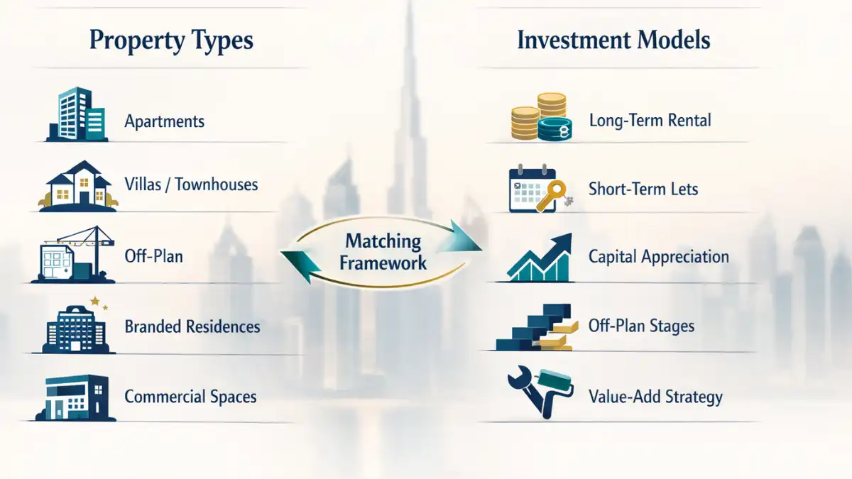 Infographic illustrating key Property Types and Investment Models in Dubai real estate, including apartments, villas, off-plan projects, branded residences, and commercial spaces, matched with rental strategies, capital appreciation, and value-add options, set against a soft Dubai skyline.