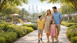 Happy family walking in a safe, green residential community in Dubai with park, playground and skyline, representing the Best Area to Stay in Dubai for Families.