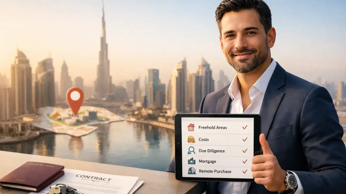 Buying Property in Dubai Foreigners guide image showing an international buyer holding a property checklist with Dubai skyline and Burj Khalifa in the background.