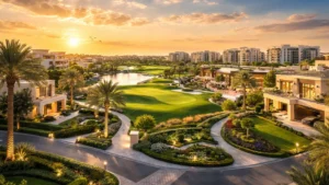 Golden hour aerial view of Damac Hills Dubai featuring luxury villas, landscaped golf course, palm-lined roads, and upscale residential apartments.