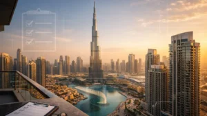 Golden hour skyline view of Downtown Dubai featuring Burj Khalifa, Dubai Fountain, and modern luxury high-rise apartments from an elevated investor perspective.