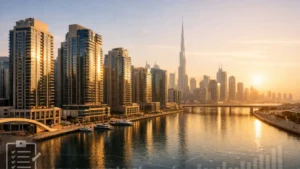 Dubai Business Bay skyline at golden hour featuring modern waterfront residential towers along the Dubai Canal with Burj Khalifa in the background.