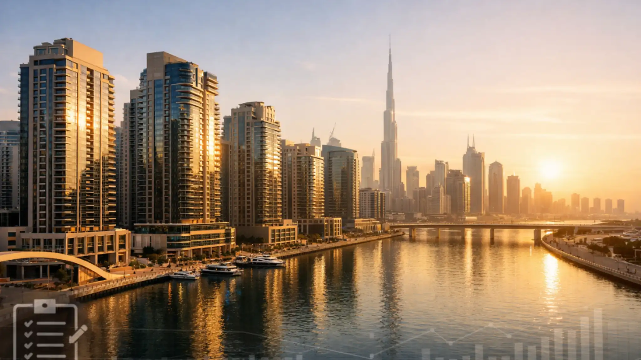 Dubai Business Bay skyline at golden hour featuring modern waterfront residential towers along the Dubai Canal with Burj Khalifa in the background.