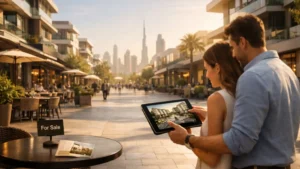 Couple reviewing property listings on a tablet at a café along the pedestrian boulevard in Dubai City Walk with modern buildings and skyline at golden hour.