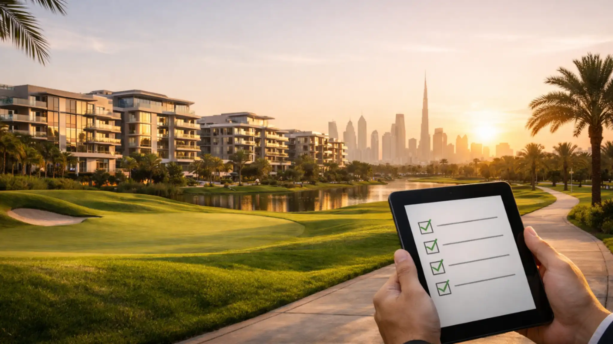 Golden hour view of Dubai Hills Estate featuring modern residential buildings, lush green parkland and golf course, with an investor holding a property checklist tablet and Dubai skyline in the background.