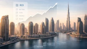 Dubai Investment in Property – modern Dubai Marina and Downtown skyline at golden hour with ROI growth chart and property yield analysis overlay.