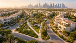 Dubai JVT residential community featuring modern villas and townhouses, tree-lined streets, landscaped triangular park layout, and distant Dubai skyline at golden hour.