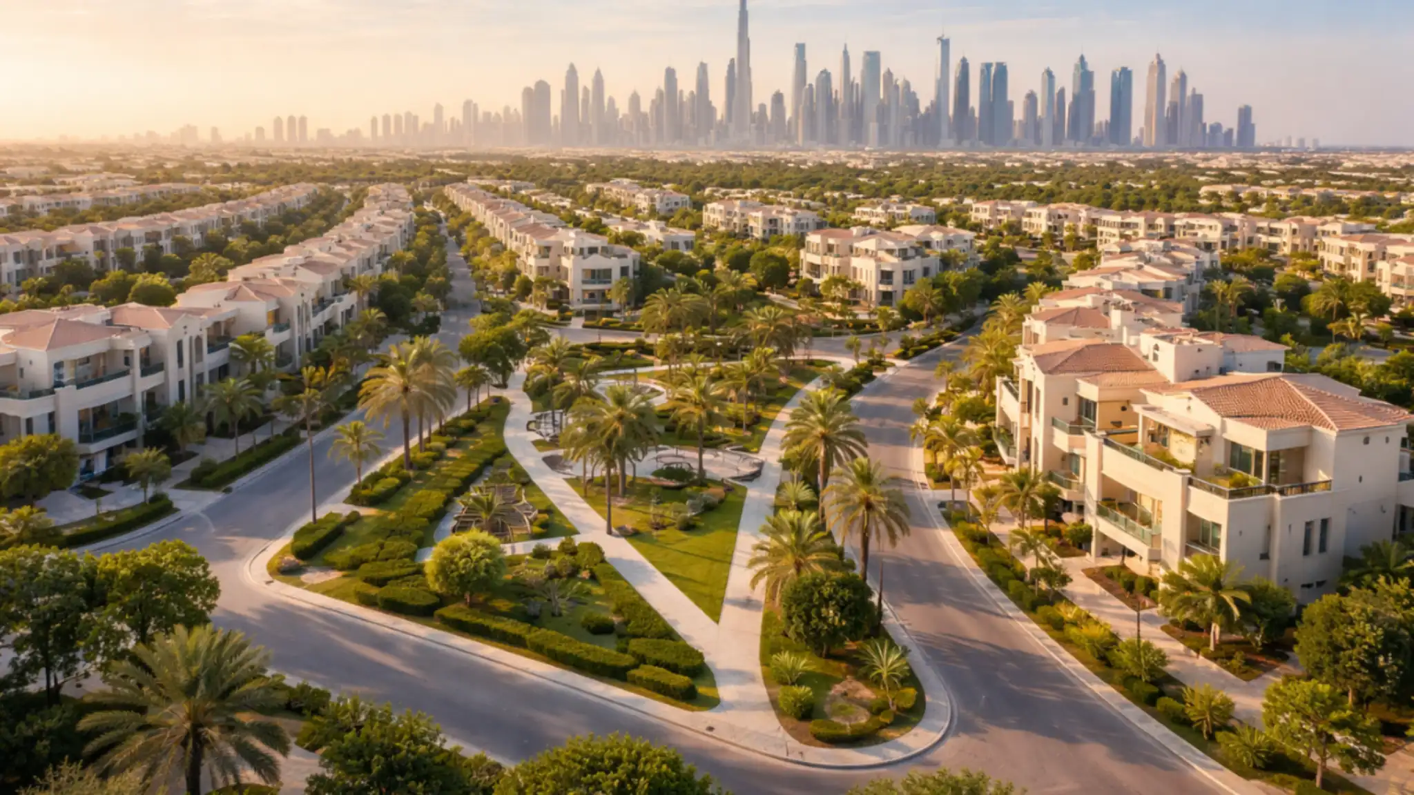Dubai JVT residential community featuring modern villas and townhouses, tree-lined streets, landscaped triangular park layout, and distant Dubai skyline at golden hour.