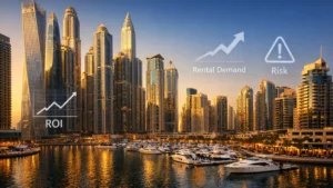 Dubai Marina skyline at golden hour featuring waterfront yachts and high- rise towers with investment indicators for ROI, rental demand, and risk.