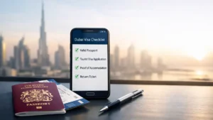 Dubai Visa British travel requirements checklist shown on phone beside UK passport and boarding pass with Dubai skyline background.