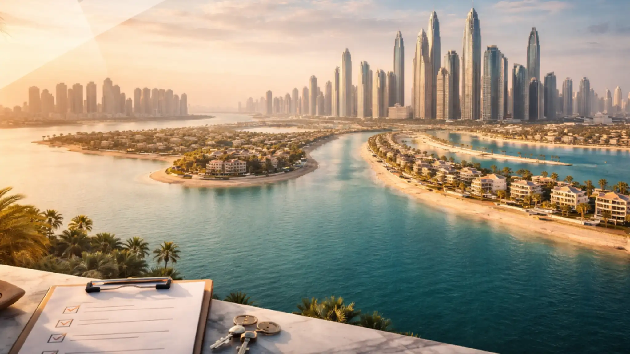 Aerial view of Palm Jumeirah showcasing luxury waterfront villas and modern skyline at sunset in Dubai.