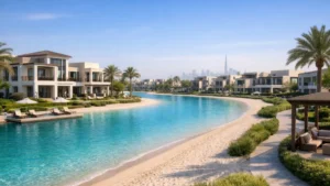 Luxury waterfront villas and townhouses at Tilal Al Ghaf Dubai beside a turquoise lagoon with white sand beach and landscaped palm-lined pathways.