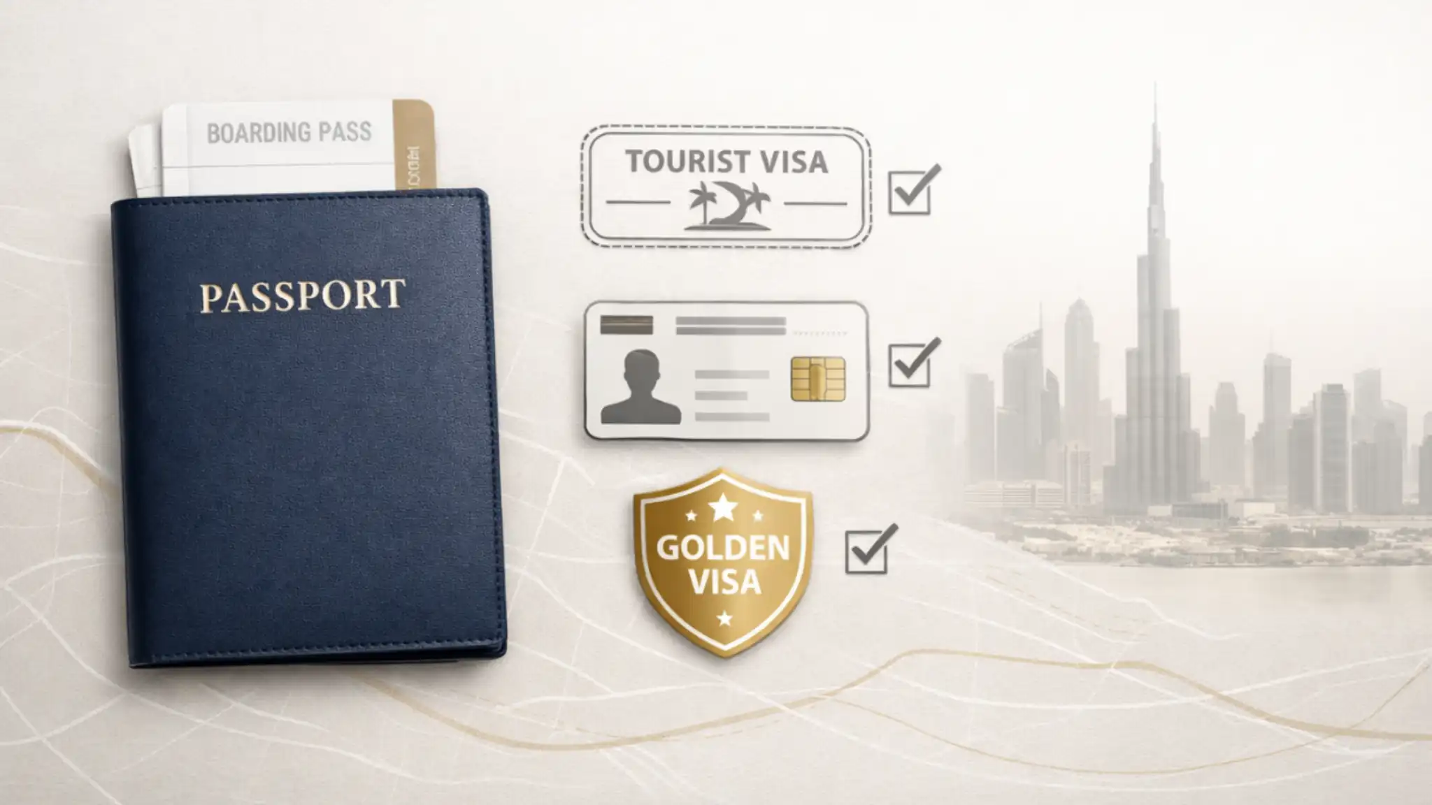 Visa Dubai Requirements guide concept showing passport, boarding pass, Emirates ID, Golden Visa badge, and Dubai skyline in a clean flat-lay layout.
